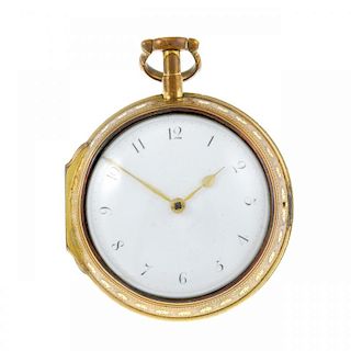 A pair case pocket watch by Dwerrihouse. Gilt cases, later outer case with enamel decoration. Signed