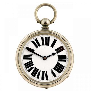 An open face eight day pocket watch by Perry Edwards & Co. Base metal case, inner case with image of