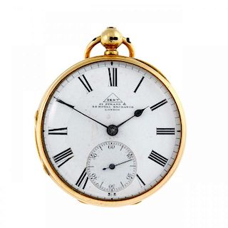 An open face pocket watch by Dent. 18ct yellow gold case, hallmarked London 1877. Numbered 39284. Si