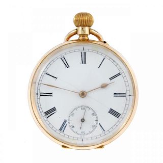 An open face pocket watch. Yellow metal case, stamped 14K with poincon. Unsigned keyless wind Swiss