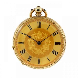 An open face pocket watch. Yellow metal case, stamped K18. Unsigned key wind Swiss bar movement with
