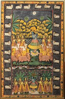 Indian Pichwai Painting with Krishna & Nandi