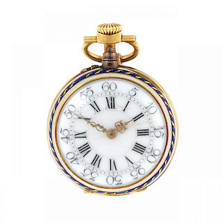 An open face pocket watch by H. Dumont. Yellow metal case with enamel case back. Number 9842. Unsign