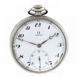 An open face pocket watch by Omega. Nickel plated case. Numbered 141 16. Signed keyless wind fifteen