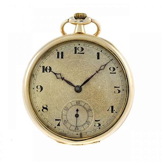 An open face pocket watch. 9ct yellow gold case with engraved monogram to the case back, import hall
