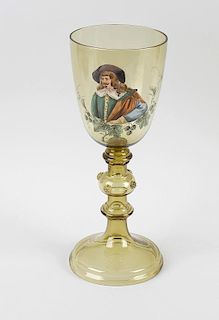 An enamelled olive green glass roemer, having enamelled portrait of a cavalier and grape vine to the
