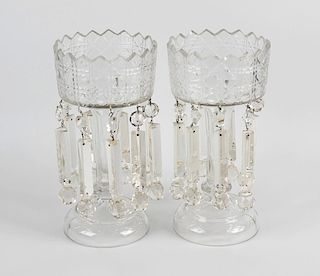 A pair of cut glass lustres, of fluted form, each having 'zig-zag' rim, with pendant drops leading t
