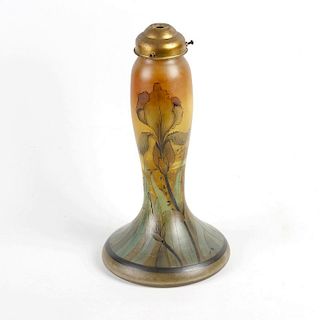 An Art Nouveau glass lamp base, signed P. Jost, of slender form leading to the spreading circular ba
