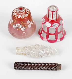 A small group of glass, to include a pink glass bottle, with enamel floral decoration (lacking stopp