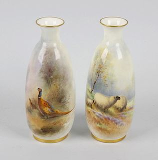 Two Royal Worcester hand painted vases, each of ovoid form below a short flared neck, one decorated