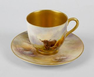 A Royal Worcester hand painted cup and saucer, by Harry Stinton, decorated with landscape scene of h
