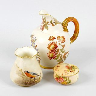 A group of Royal Worcester blush ivory porcelainComprising: a flatback jug, a bulbous pot painted wi
