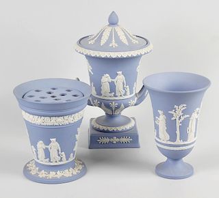 A group of Wedgwood blue jasperware, comprising two figurines, Leda and the Swan and Terpsichore (a/
