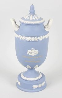A Wedgwood Jasperware Australian of the Year in the United Kingdom twin handled urn and cover, decor
