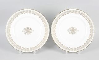 Twelve Wedgwood 'Golden Persephone' Coronation Banquet dinner plates, having gilt Royal Coat of Arms