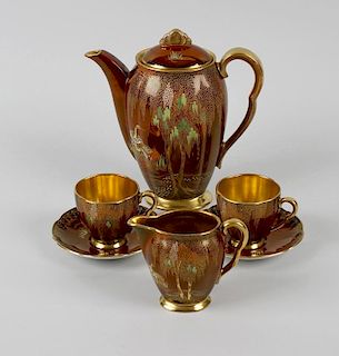 A Carltonware Rouge Royal coffee set. Comprising tall ovoid pot, milk jug, lidded two-handled sucrie