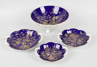 Four pieces of Cairo pattern Coalport, comprising a bowl raised on three feet, decorated with exotic
