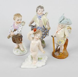Four porcelain cherubs. Comprising one holding a red rose, marked KPM; one with wooden leg and trico