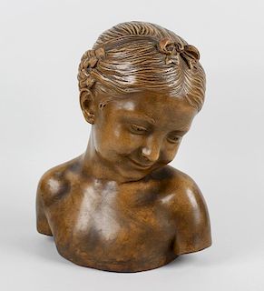 A painted terracotta bust, simulating bronze, after Jean-Baptiste Pigalle, depicting a young girl wi