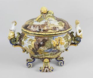 An Italian Bassano Maiolica 'istoriato' tureen and cover, the oval cover with moulded vegetable fini