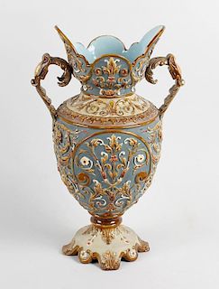 An Austrian majolica twin handled vase, Wilhelm Schiller & Son, of ovoid form having twin acanthus h