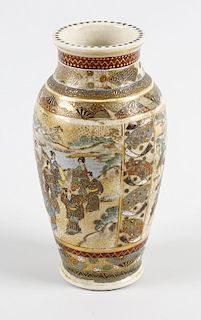 A Japanese Meiji period Satsuma vase of baluster form, decorated with panels of bijin on a riverside