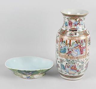A Chinese Canton famille rose vase, of cylindrical form with waisted neck, 13.75 (35cm) high, togeth