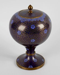 A cloisonne pot and cover, having conforming removable cover with flame finial to the ovoid body lea