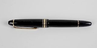 A Montblanc Meisterstuck fountain pen, the black lacquered body with metal banding, the bicolour nib
