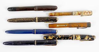 A box containing a mixed selection of assorted pens, to include six fountain pens, each with gold ni