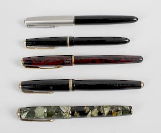 Nine assorted pens, to include four Parker fountain pens, each with gold nib.
