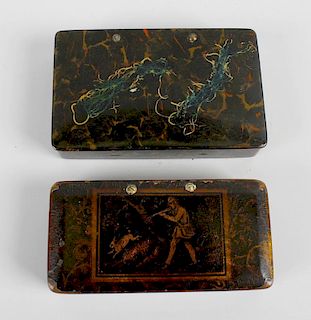 Two late 19th century French papier mache rectangular snuff boxes, each with hinged covers, one deco