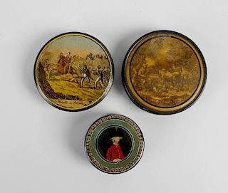 Two 19th century papier mache patch boxes, each with a removable cover with painted decoration depic