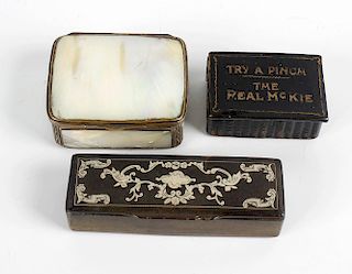 A 19th century brass bound and mother-of-pearl panelled snuff box, a similar papier mache snuff box,