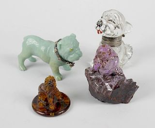 A group of novelty animal figures. Comprising: a green aventurine quartz model of a bulldog, with me