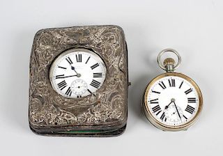 Two silver plated pocket watches, the first retailed by Greaves Ltd Birmingham, with subsidiary seco