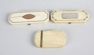 Three Georgian ivory toothpick cases, two of rectangular shaped form, and each with inlaid metal dec