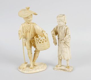 A Japanese carved ivory okimono modelled as a gardener, of sectional form, dressed in a wide brimmed
