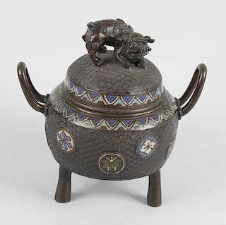 A Chinese bronze and cloisonne incense burner and cover, of cauldron form on tripod support, with tw