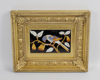 A hardstone or pietra dura wall plaque, the black slate or Ashford marble rectangular body inlaid wi