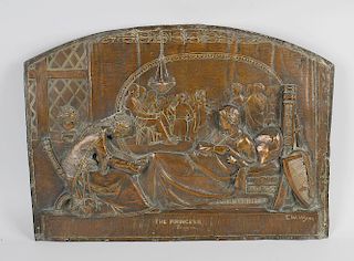 A copper plaque, in high relief depicting a court scene from Tennyson's 'The Princess', entitled bel
