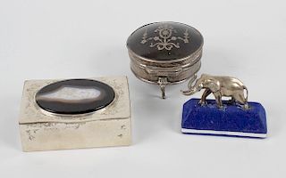 A small group of silver items. Comprising: a Continental match box with oval agate panel to top and