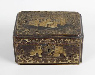A 19th century Chinese lacquer tea caddy, decorated with various panels of figures within garden set
