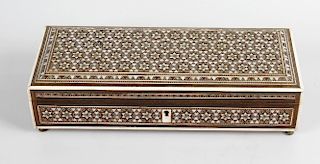An Anglo Indian sadeli glove box, of rectangular form decorated to the whole with inlaid and interlo