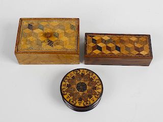 Three 19th century wooden trinket boxes, comprising two rectangular examples each with a parquetry i