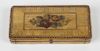 A French Prisoner of War straw-work stamp box, having central floral panel and chequered border to t