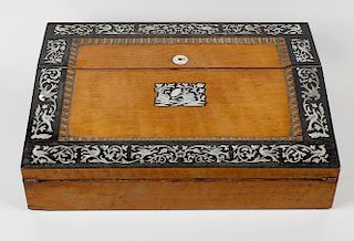 A Victorian mother-of-pearl inlaid satinwood and rosewood writing slope, having central inlaid mothe