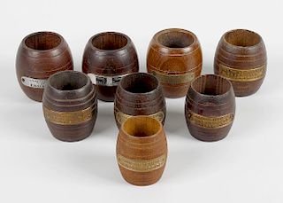 Shipbreakers timber. Eight small barrel shaped turned wooden match/spill holders, each with applied