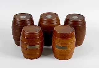 Shipbreakers timber. Five large barrel shaped turned wooden containers and covers, each with applied