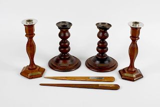 Shipbreakers timber. Six shaped turned wooden candle sticks, each with applied metal plaque of name